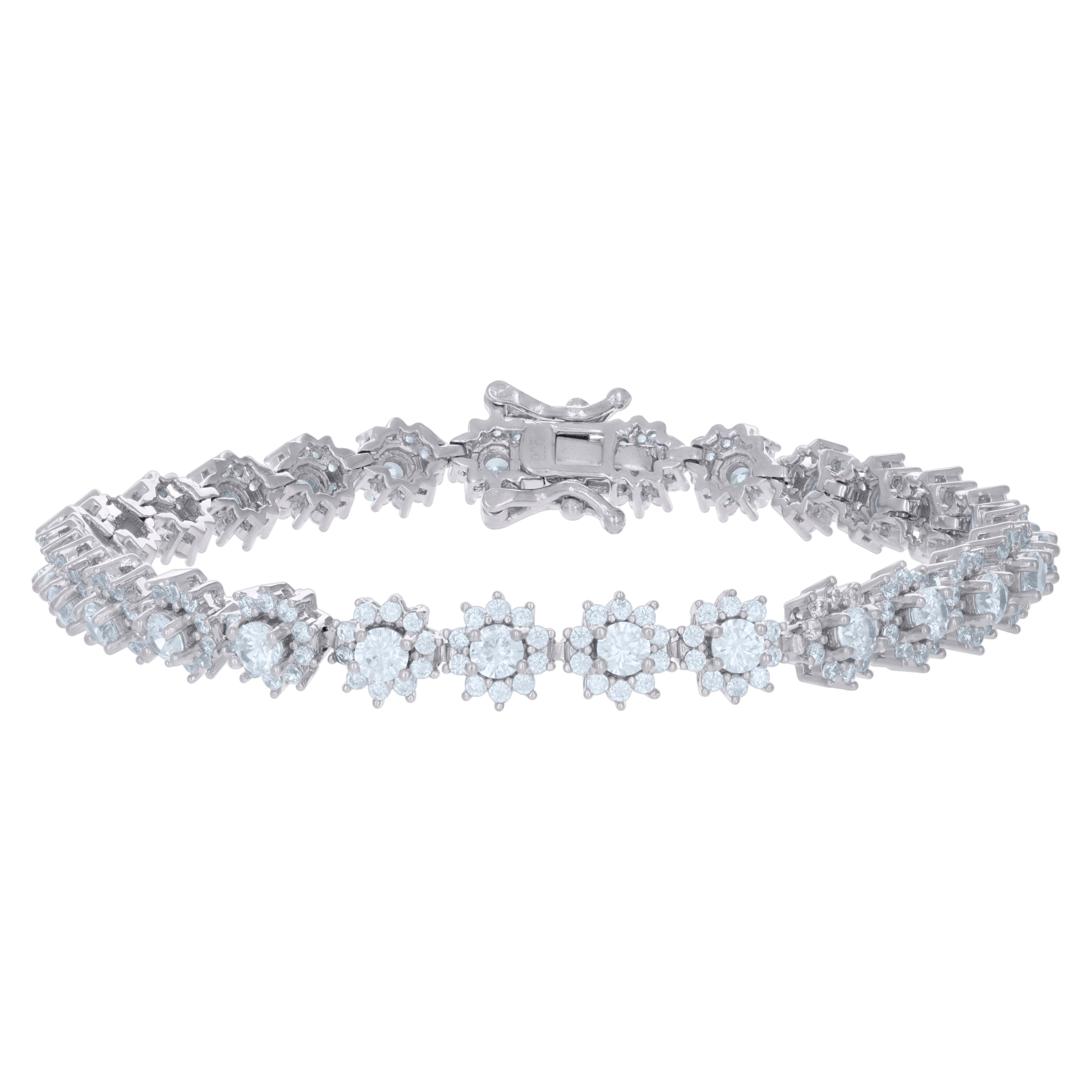 925 Sterling Silver Womens Cubic-Zirconia Flower Link Fashion Bracelet Size 7 Inches