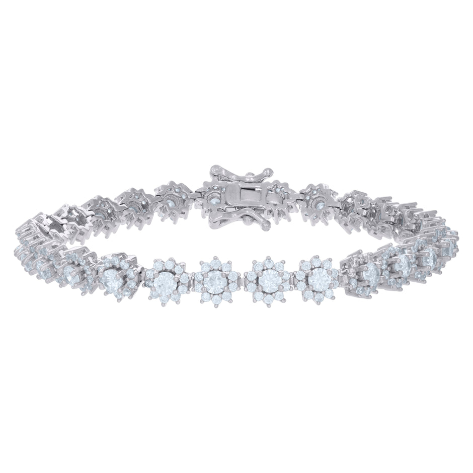 925 Sterling Silver Womens Cubic-Zirconia Flower Link Fashion Bracelet Size 7 Inches