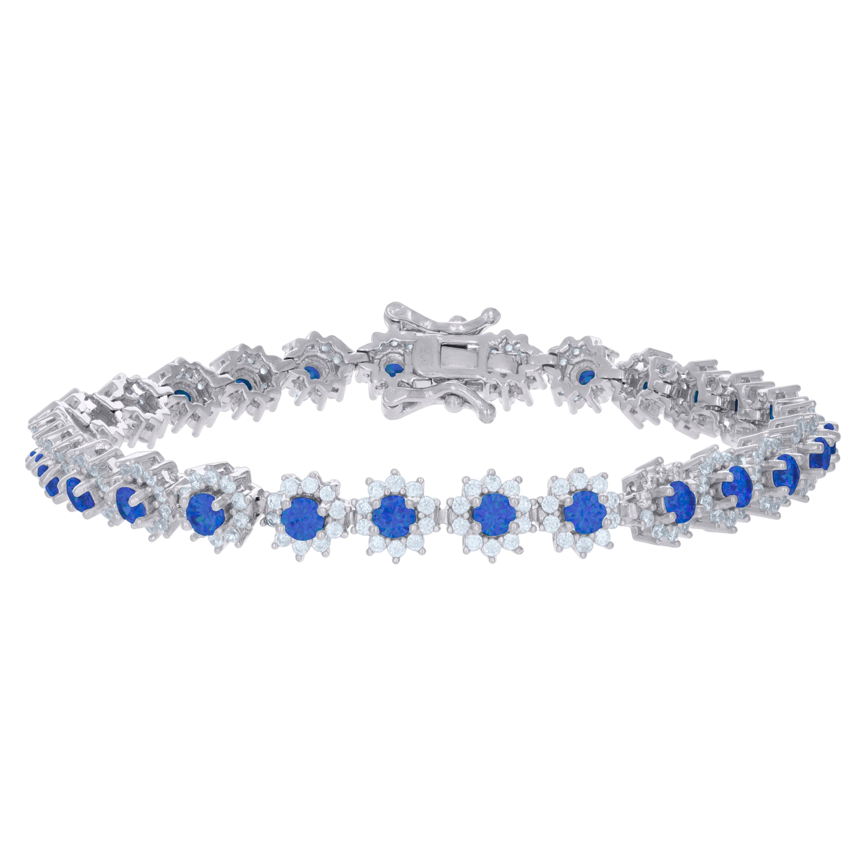 925 Sterling Silver Womens Blue White Cubic-Zirconia Flower Link Fashion Bracelet Size 7 Inches