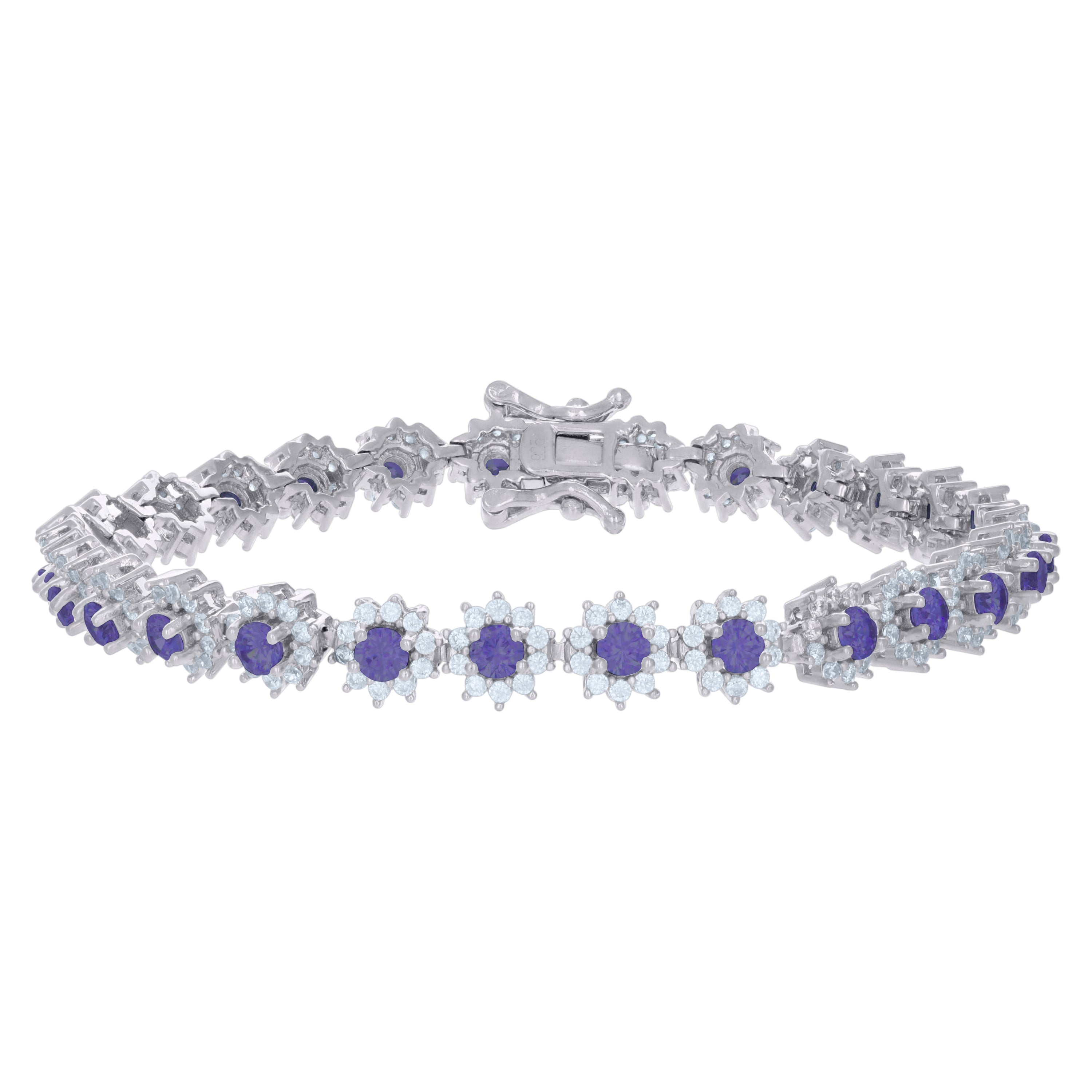 925 Sterling Silver Womens Purple White Cubic-Zirconia Flower Link Fashion Bracelet Size 7 Inches