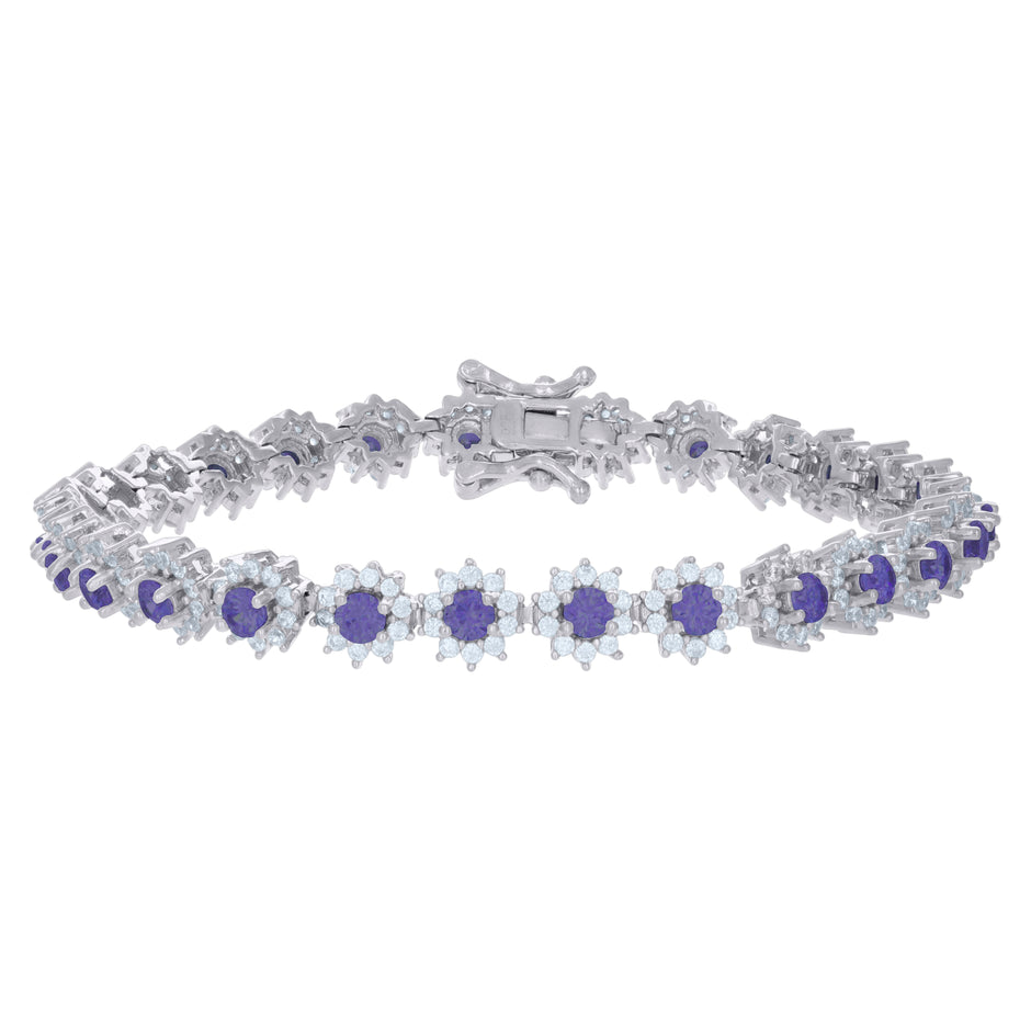 925 Sterling Silver Womens Purple White Cubic-Zirconia Flower Link Fashion Bracelet Size 7 Inches