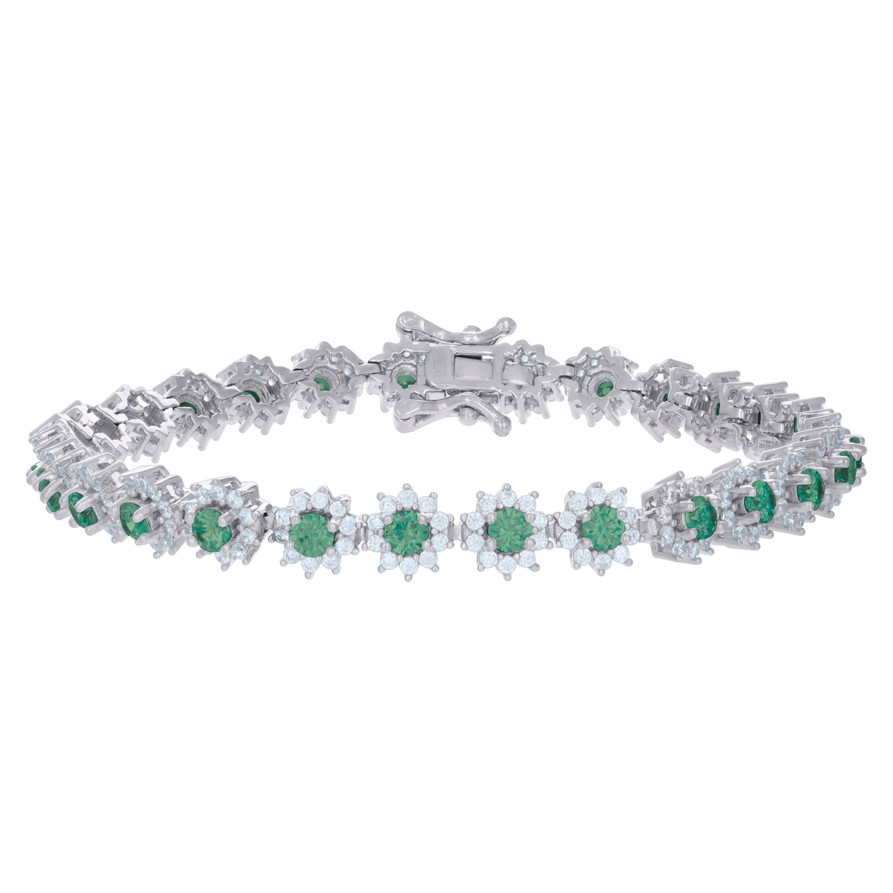 925 Sterling Silver Womens Green White Cubic-Zirconia Flower Link Fashion Bracelet Size 7 Inches