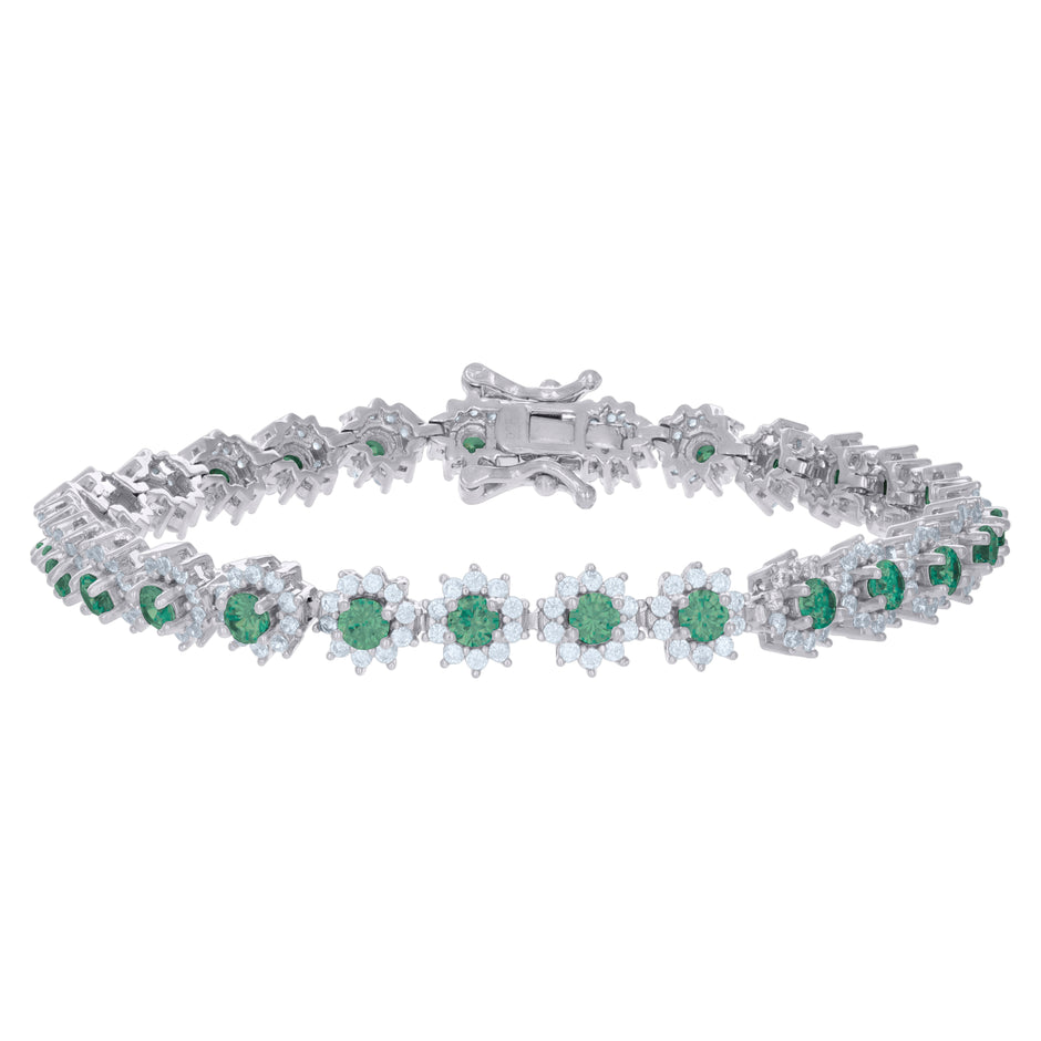 925 Sterling Silver Womens Green White Cubic-Zirconia Flower Link Fashion Bracelet Size 7 Inches