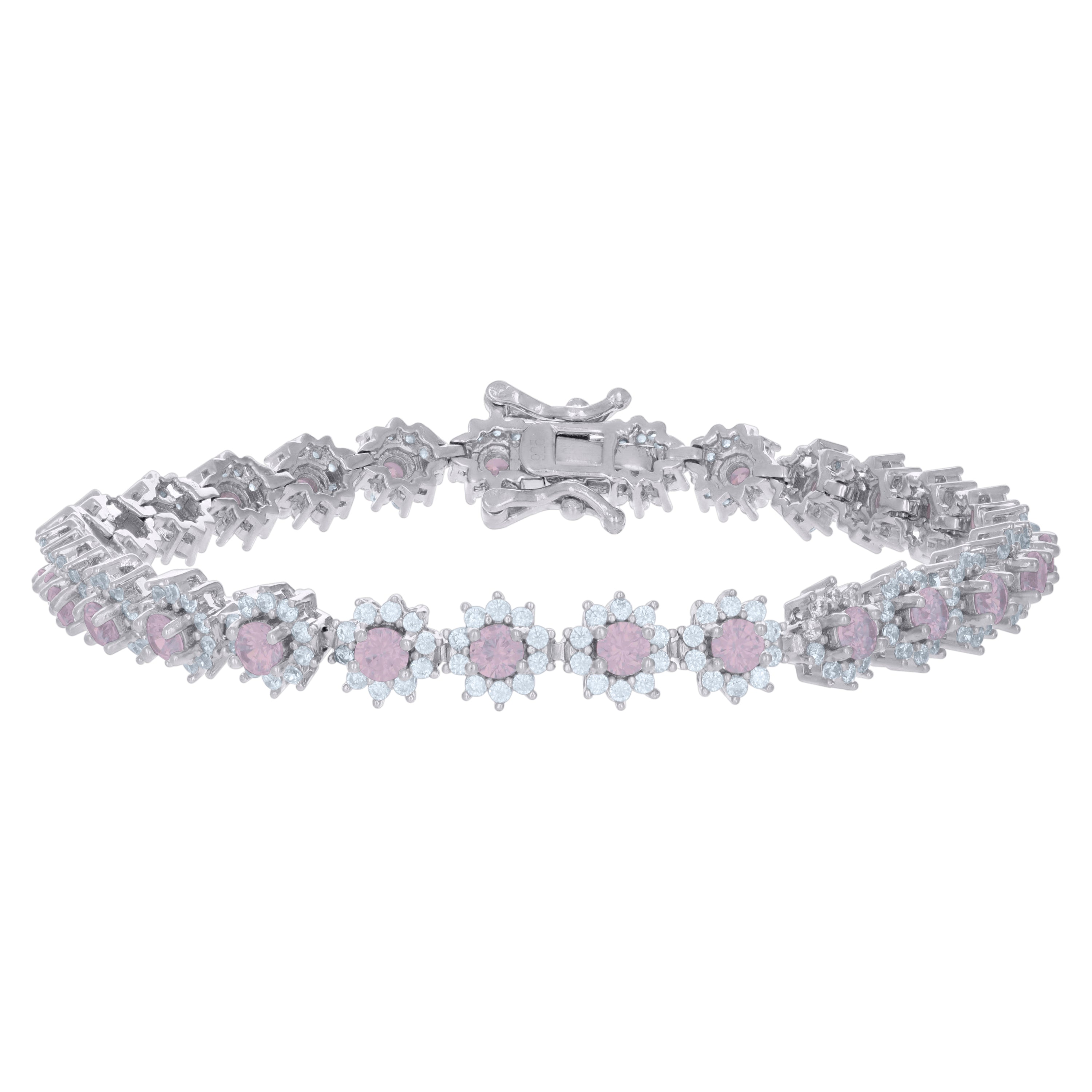 925 Sterling Silver Womens Pink White Cubic-Zirconia Flower Link Fashion Bracelet Size 7 Inches