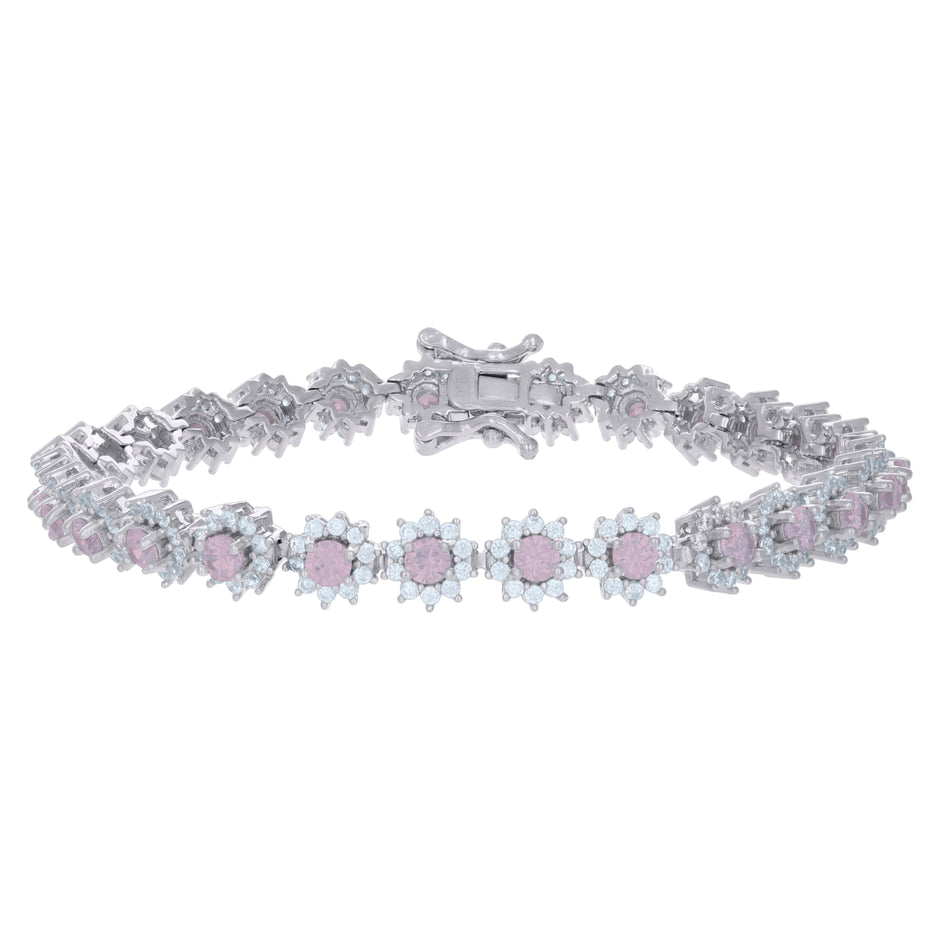 925 Sterling Silver Womens Pink White Cubic-Zirconia Flower Link Fashion Bracelet Size 7 Inches