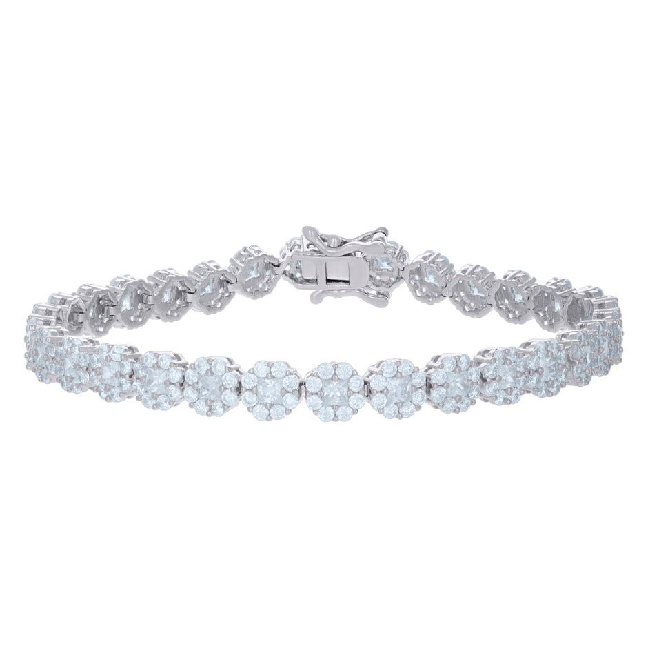 925 Sterling Silver Womens Cubic-Zirconia Flower Link Bracelet Size 7 Inches