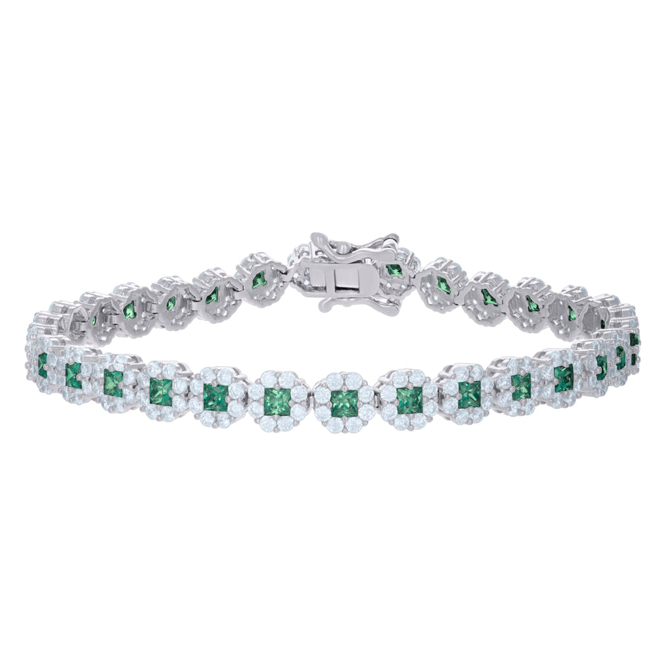 925 Sterling Silver Womens Green White Cubic-Zirconia Flower Link Bracelet Size 7 Inches