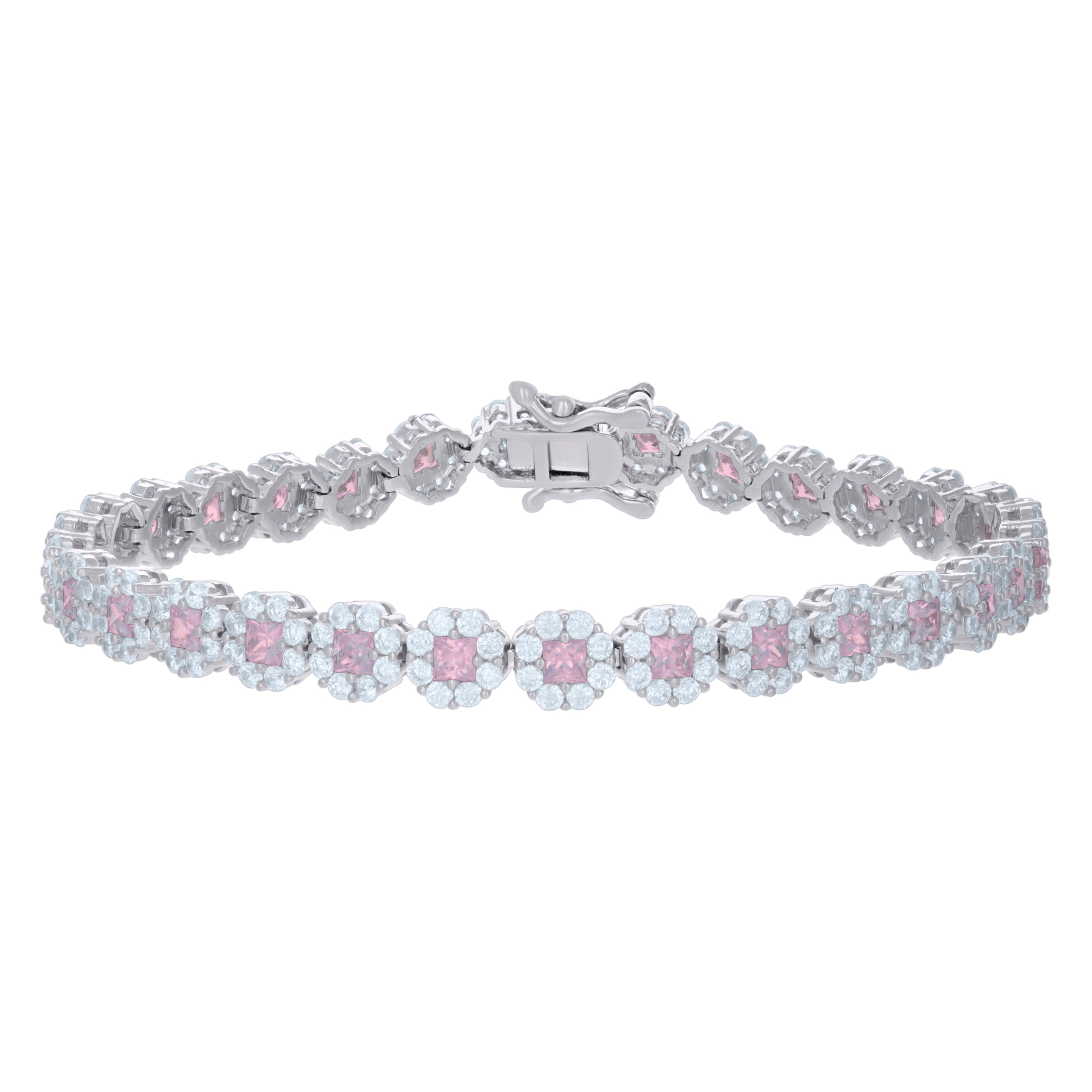 925 Sterling Silver Womens Pink White Cubic-Zirconia Flower Link Bracelet Size 7 Inches