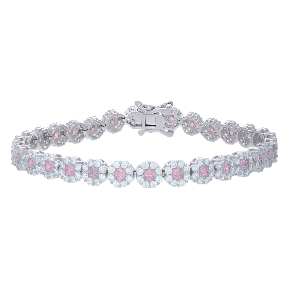 925 Sterling Silver Womens Pink White Cubic-Zirconia Flower Link Bracelet Size 7 Inches