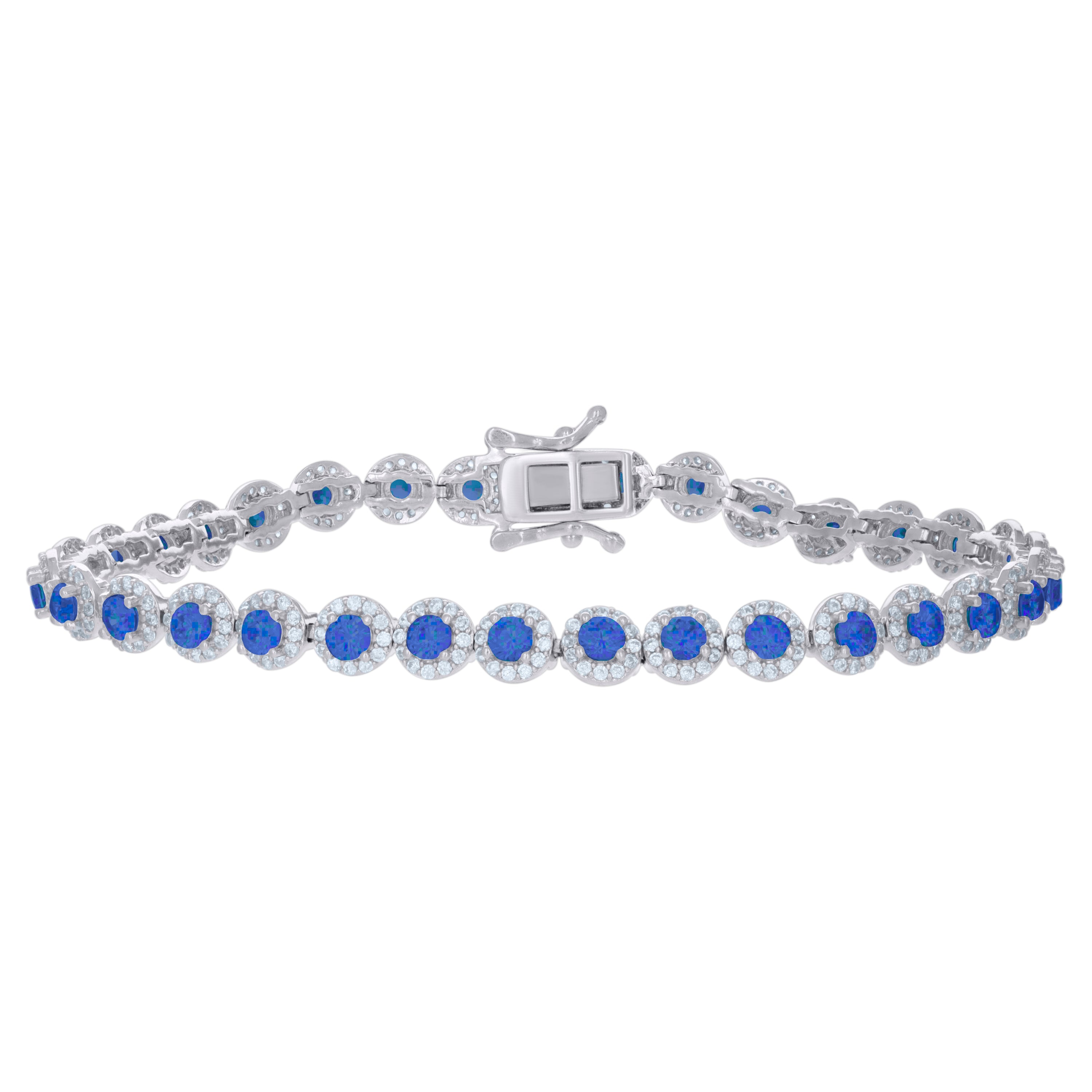 925 Sterling Silver Womens Blue White Cubic-Zirconia Link Fashion Bracelet Size 7 Inches
