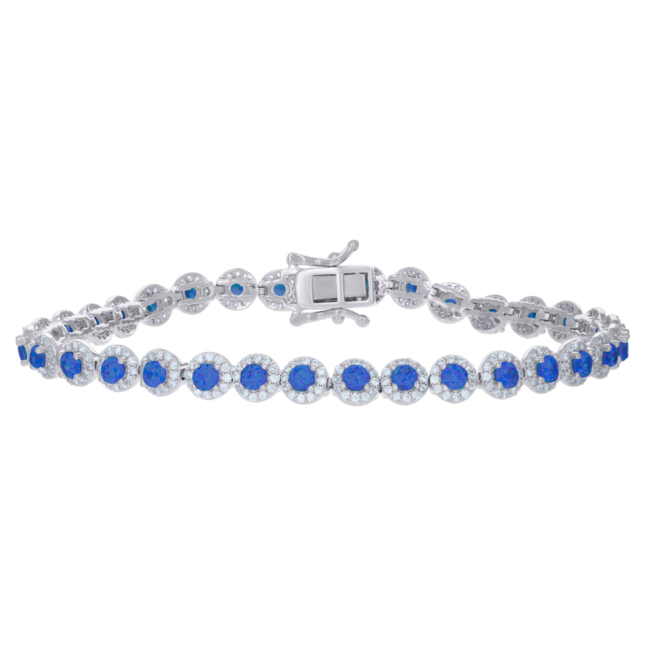 925 Sterling Silver Womens Blue White Cubic-Zirconia Link Fashion Bracelet Size 7 Inches