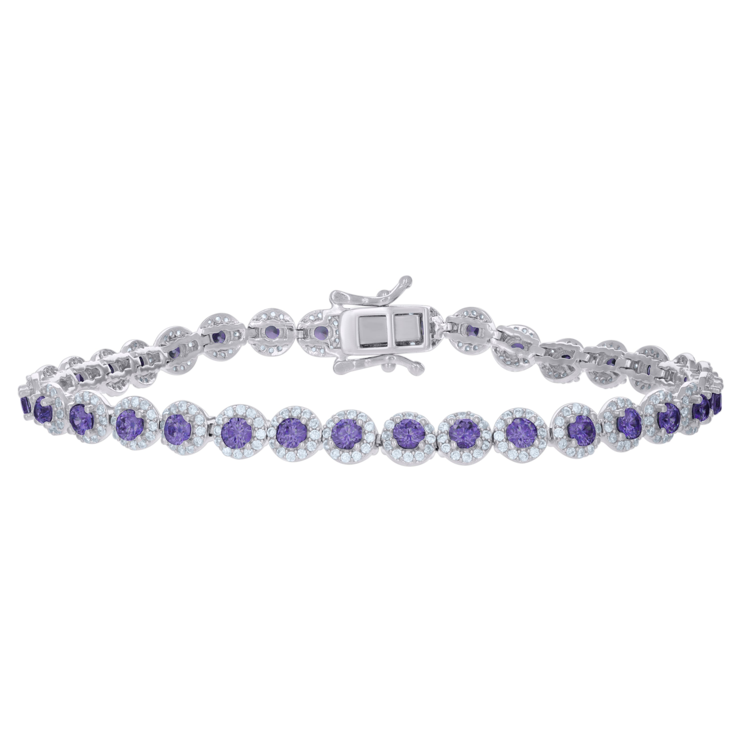 925 Sterling Silver Womens Purple White Cubic-Zirconia Link Fashion Bracelet Size 7 Inches