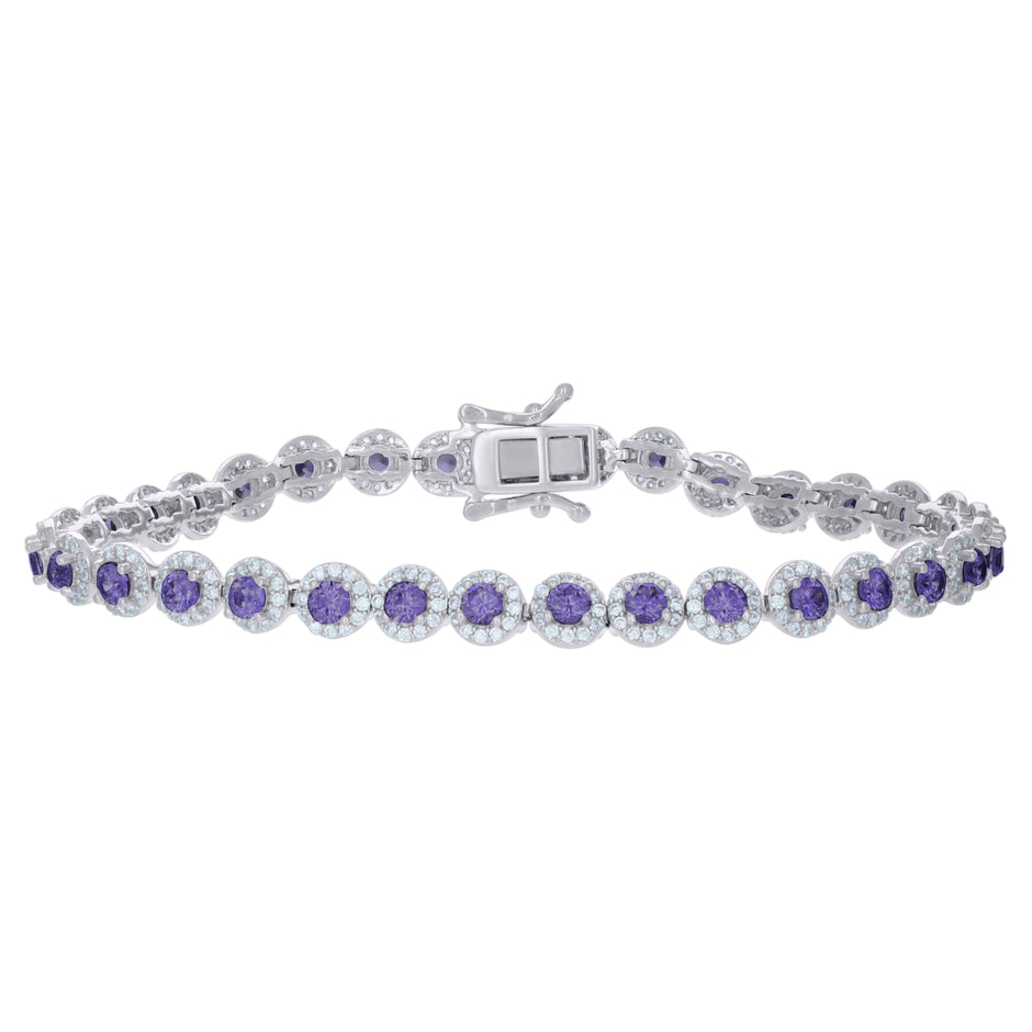 925 Sterling Silver Womens Purple White Cubic-Zirconia Link Fashion Bracelet Size 7 Inches