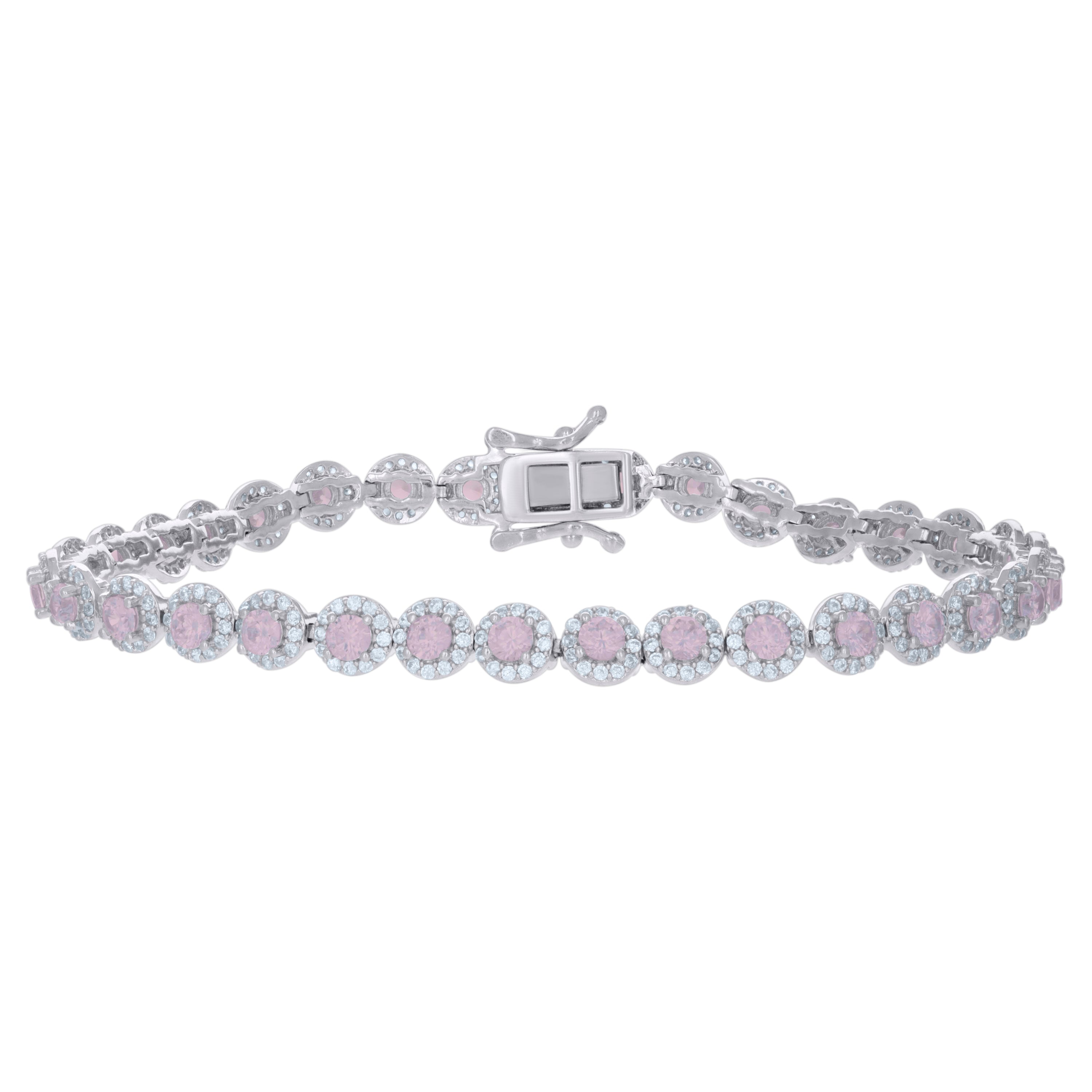925 Sterling Silver Womens Pink White Cubic-Zirconia Link Fashion Bracelet Size 7 Inches