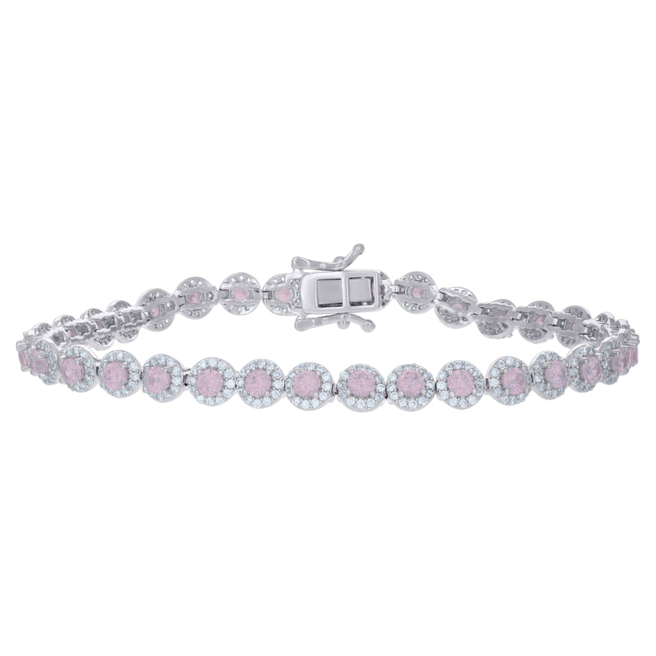 925 Sterling Silver Womens Pink White Cubic-Zirconia Link Fashion Bracelet Size 7 Inches