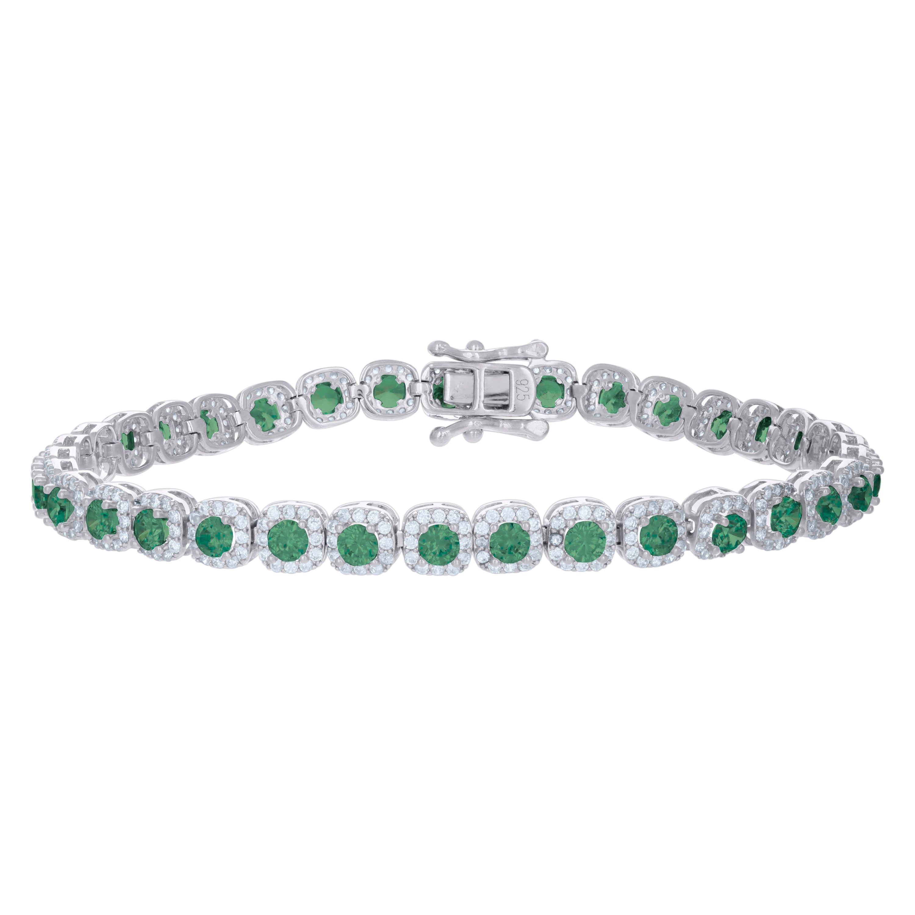 925 Sterling Silver Womens Green White Cubic-Zirconia Link Fashion Bracelet Size 7 Inches