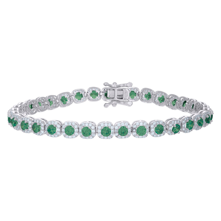 925 Sterling Silver Womens Green White Cubic-Zirconia Link Fashion Bracelet Size 7 Inches