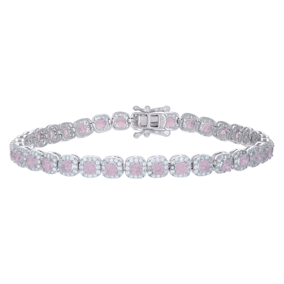925 Sterling Silver Womens Pink White Cubic-Zirconia Link Fashion Bracelet Size 7 Inches