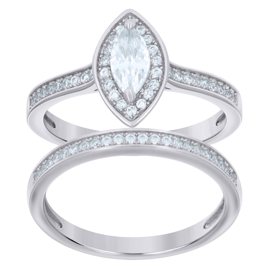 925 Sterling Silver Womens Marquise Round Cubic-Zirconia Duo Bridal Ring Set Size 6