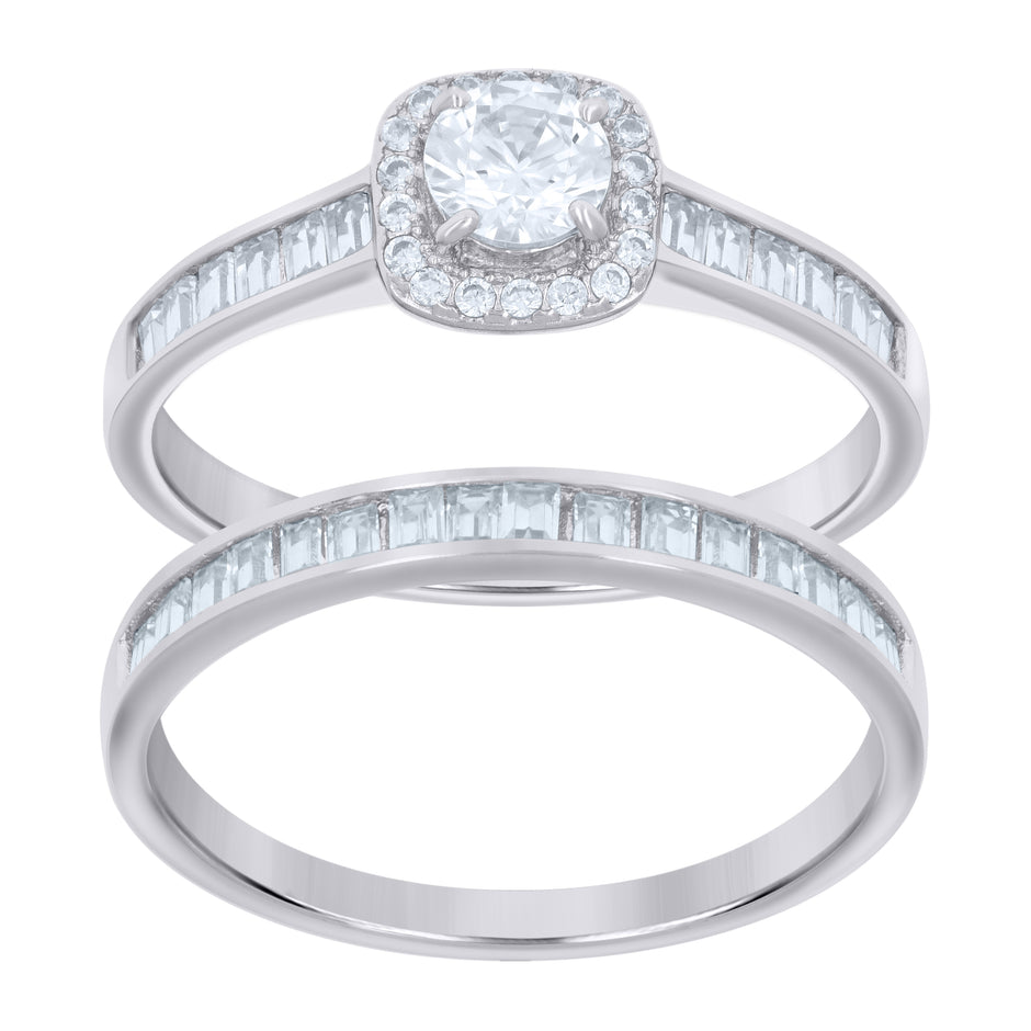 925 Sterling Silver Womens Baguette Round Cubic-Zirconia Duo Bridal Ring Set Size 8 - SLV-118798