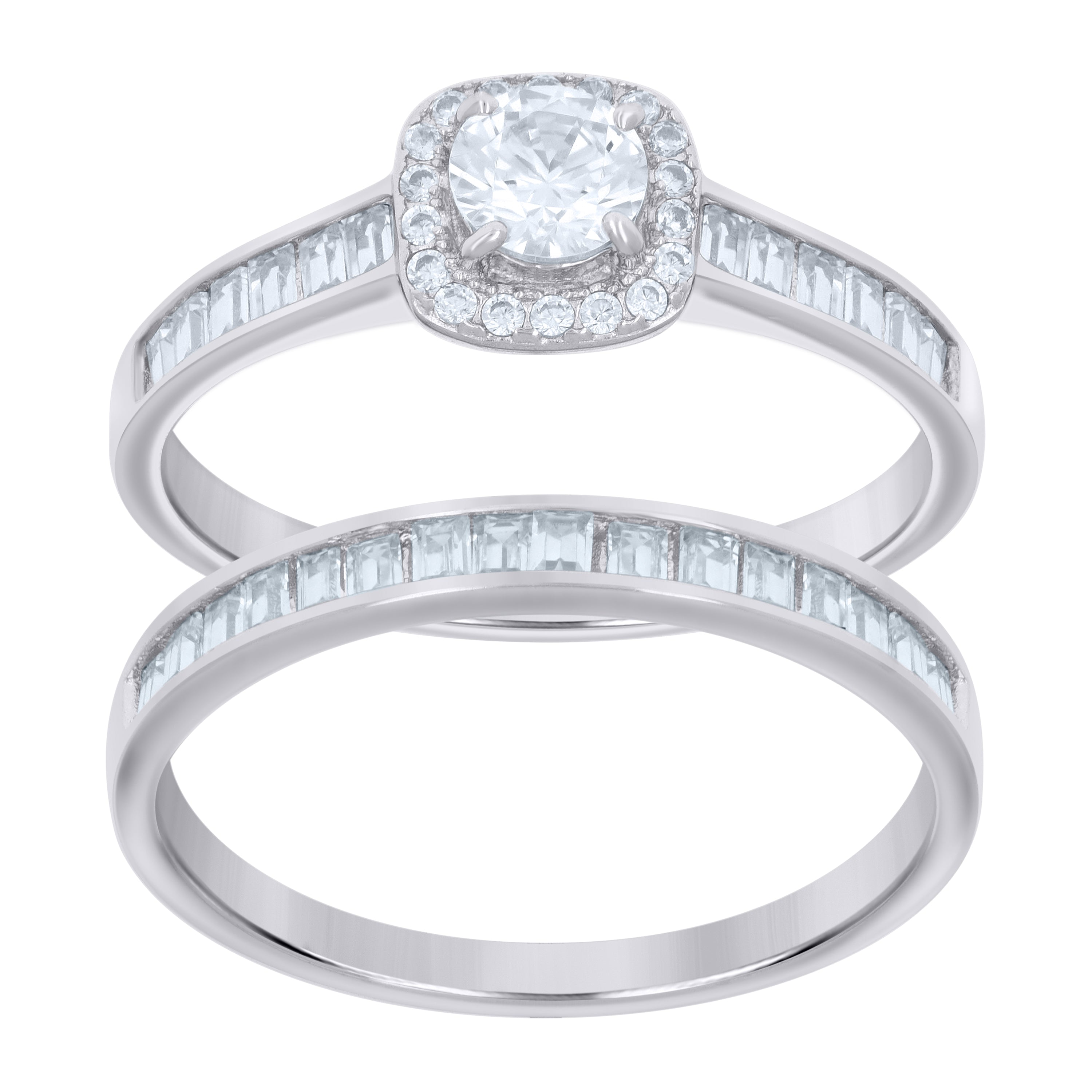 925 Sterling Silver Womens Baguette Round Cubic-Zirconia Duo Bridal Ring Set Size 10 - SLV-118800