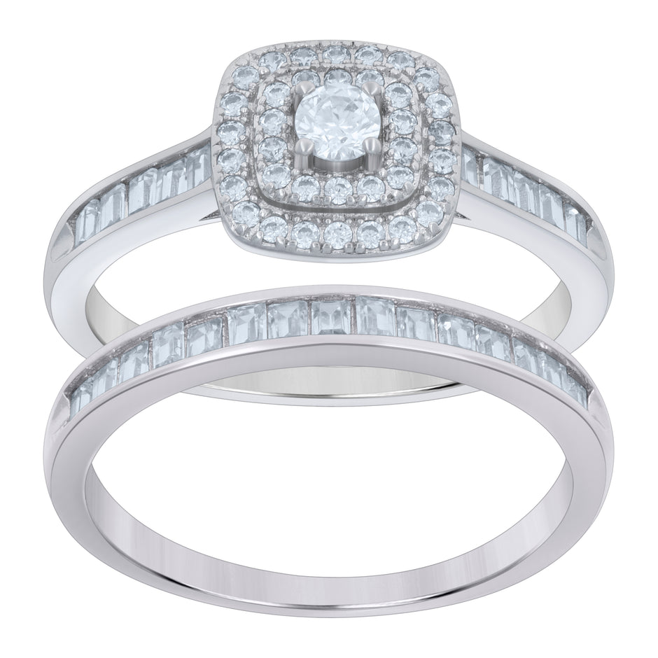 925 Sterling Silver Womens Baguette Round Cubic-Zirconia Duo Bridal Ring Set Size 10 - SLV-118824