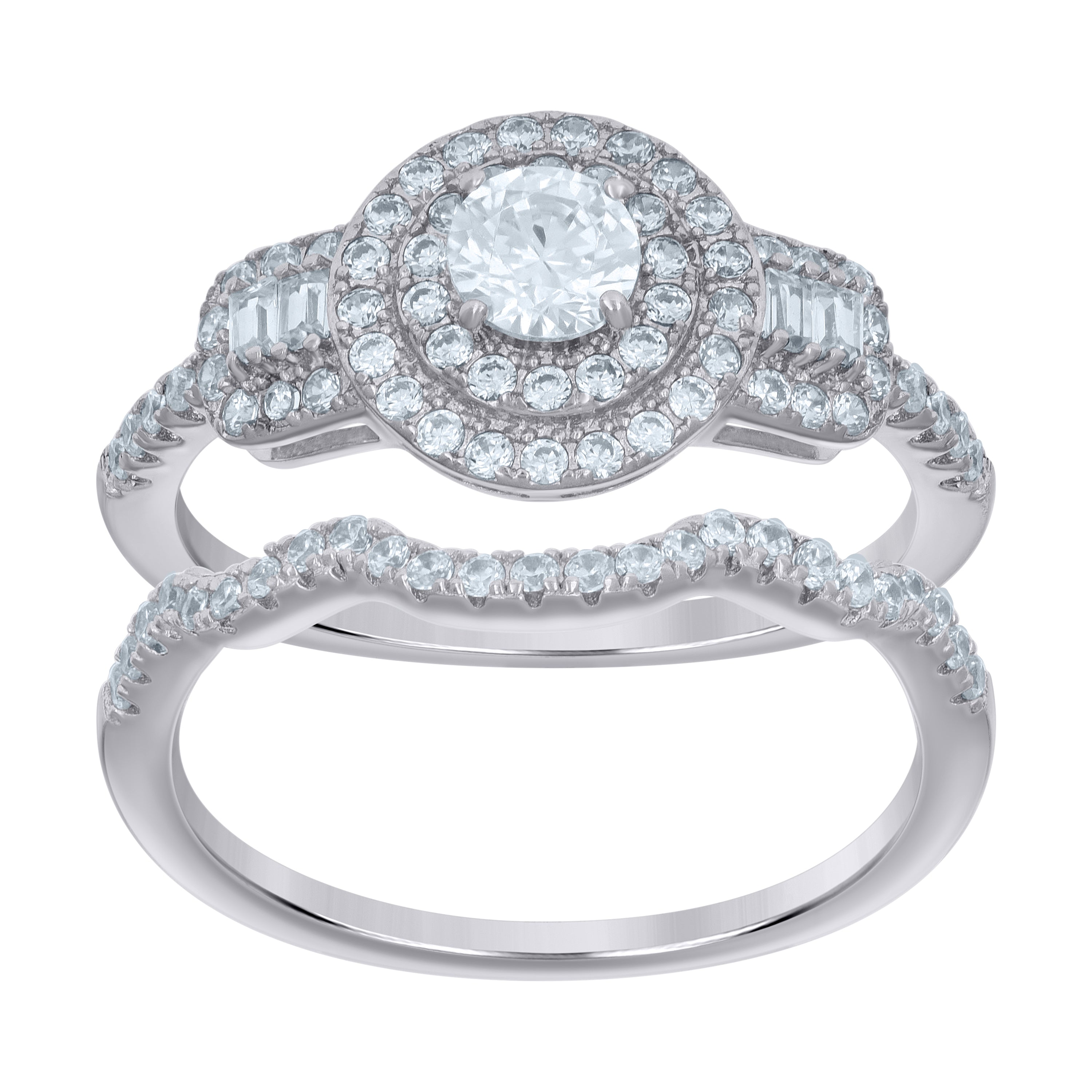 925 Sterling Silver Womens Baguette Round Cubic-Zirconia Duo Bridal Ring Set Size 6