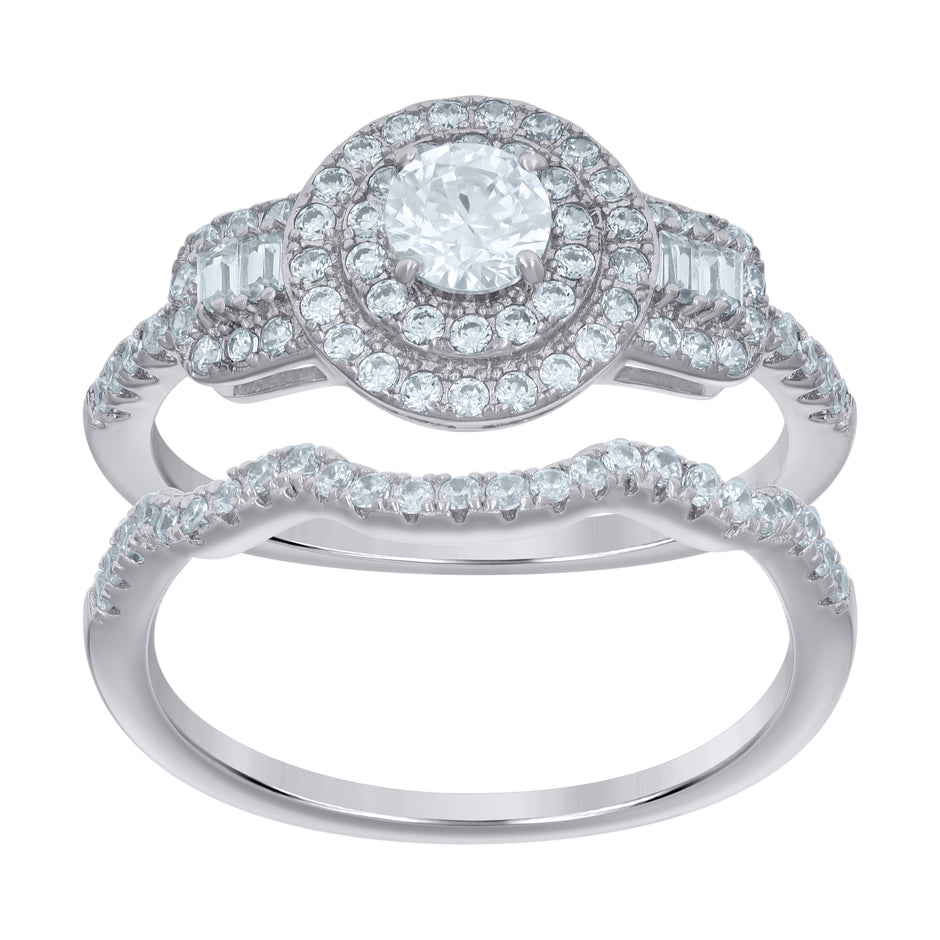 925 Sterling Silver Womens Baguette Round Cubic-Zirconia Duo Bridal Ring Set Size 6