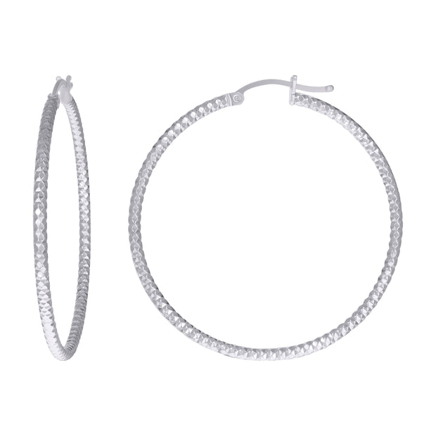 925 Sterling Silver Womens 2mm x 40mm Diamond-Cut Hoop Earrings