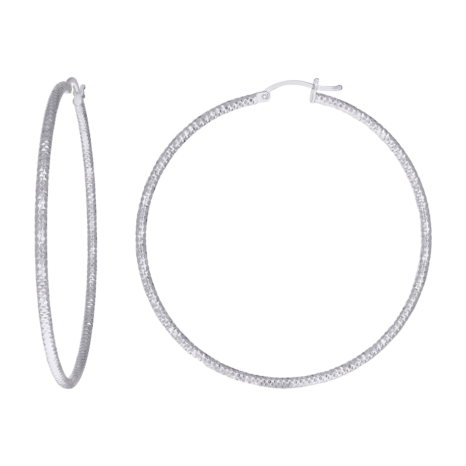 925 Sterling Silver Womens 2mm x 55mm Diamond-Cut Hoop Earrings