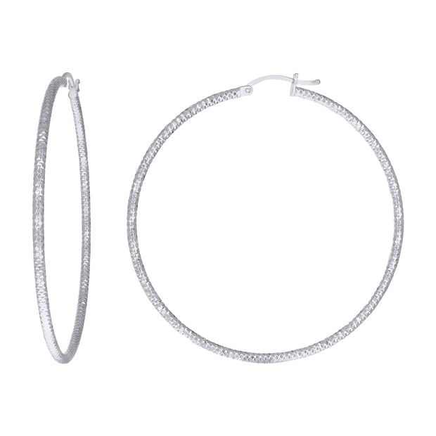 925 Sterling Silver Womens 2mm x 55mm Diamond-Cut Hoop Earrings