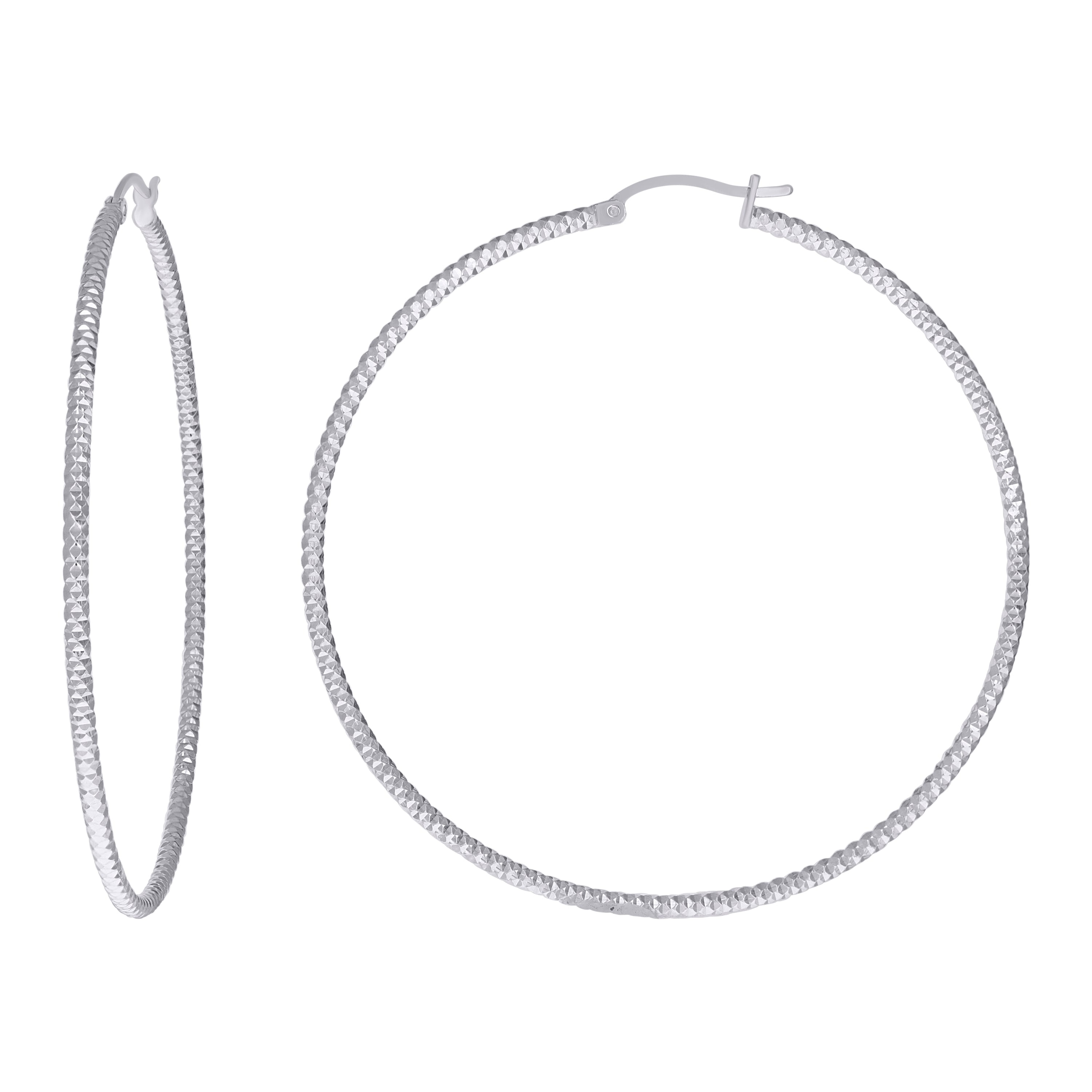925 Sterling Silver Womens 2mm x 60mm Diamond-Cut Hoop Earrings