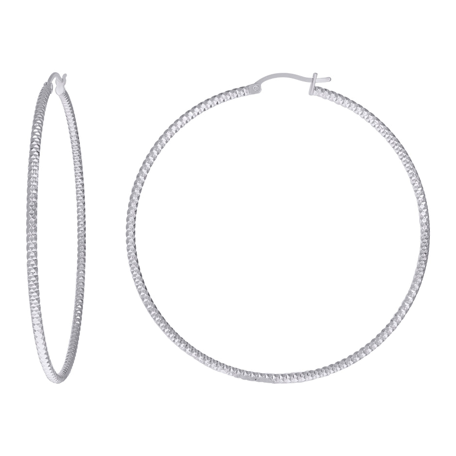 925 Sterling Silver Womens 2mm x 60mm Diamond-Cut Hoop Earrings