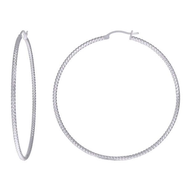 925 Sterling Silver Womens 2mm x 60mm Diamond-Cut Hoop Earrings