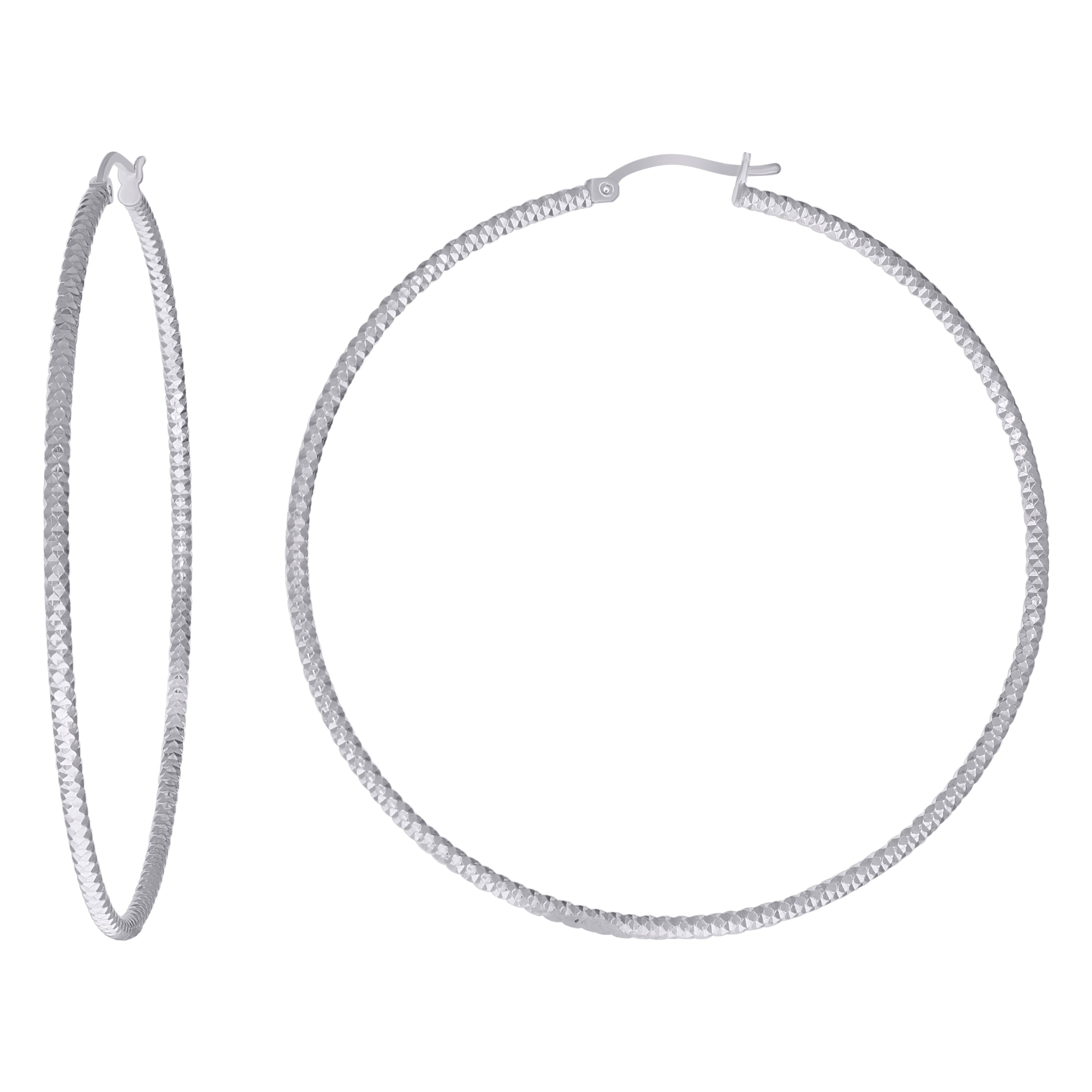 925 Sterling Silver Womens 2mm x 65mm Diamond-Cut Hoop Earrings