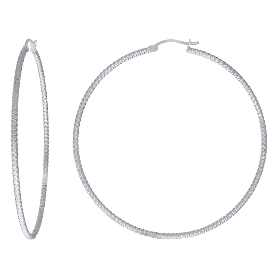 925 Sterling Silver Womens 2mm x 65mm Diamond-Cut Hoop Earrings