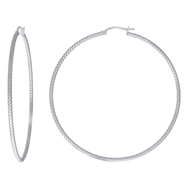 925 Sterling Silver Womens 2mm x 65mm Diamond-Cut Hoop Earrings