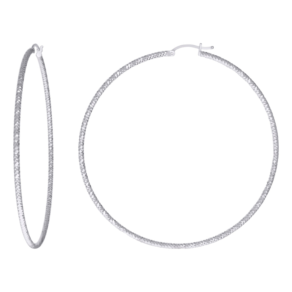 925 Sterling Silver Womens 2mm x 70mm Diamond-Cut Hoop Earrings