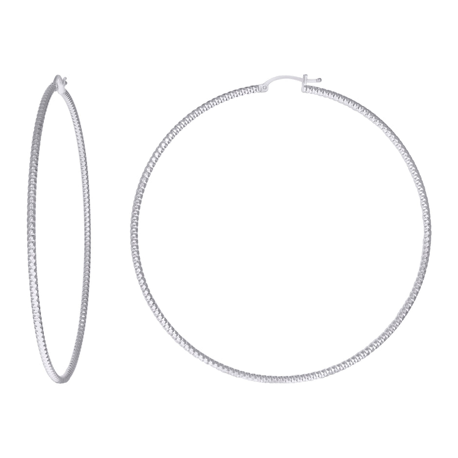 925 Sterling Silver Womens 2mm x 75mm Diamond-Cut Hoop Earrings