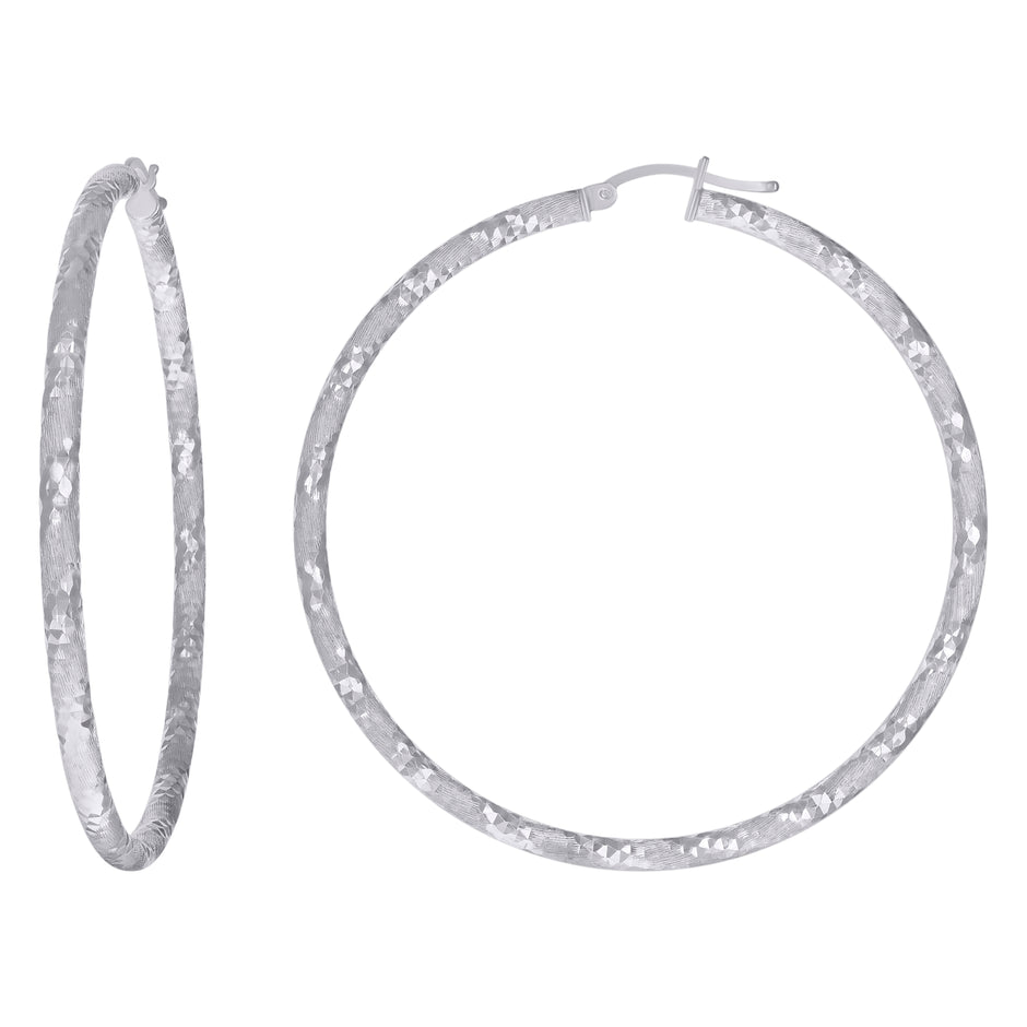 925 Sterling Silver Womens 3mm x 55mm Diamond-Cut Hoop Earrings