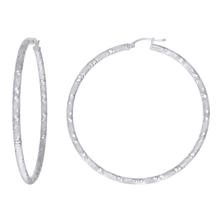 925 Sterling Silver Womens 3mm x 60mm Diamond-Cut Hoop Earrings