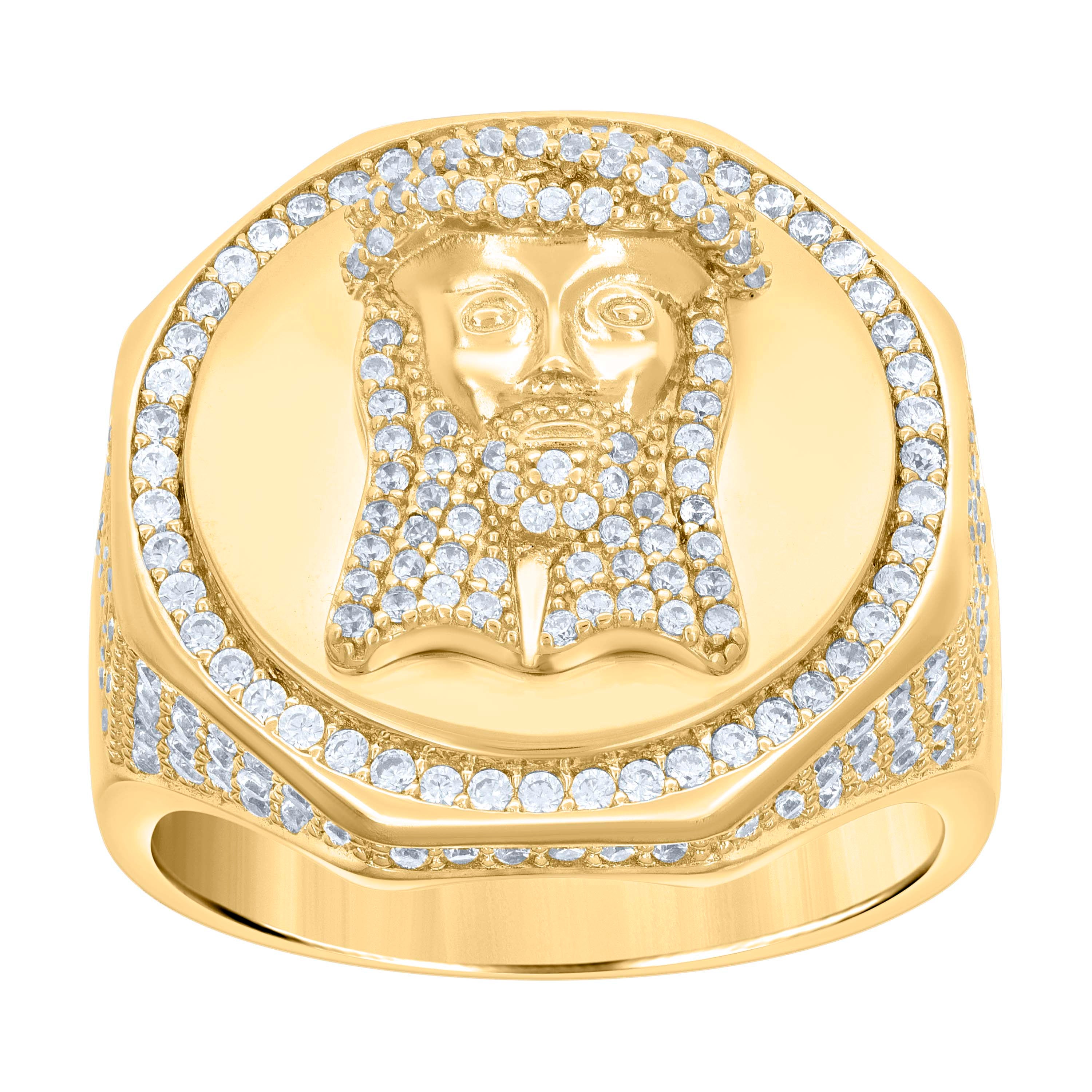 925 Sterling Silver Yellow-tone Men Cubic-Zirconia Jesus Religious Ring Size 12  - SLV-119064