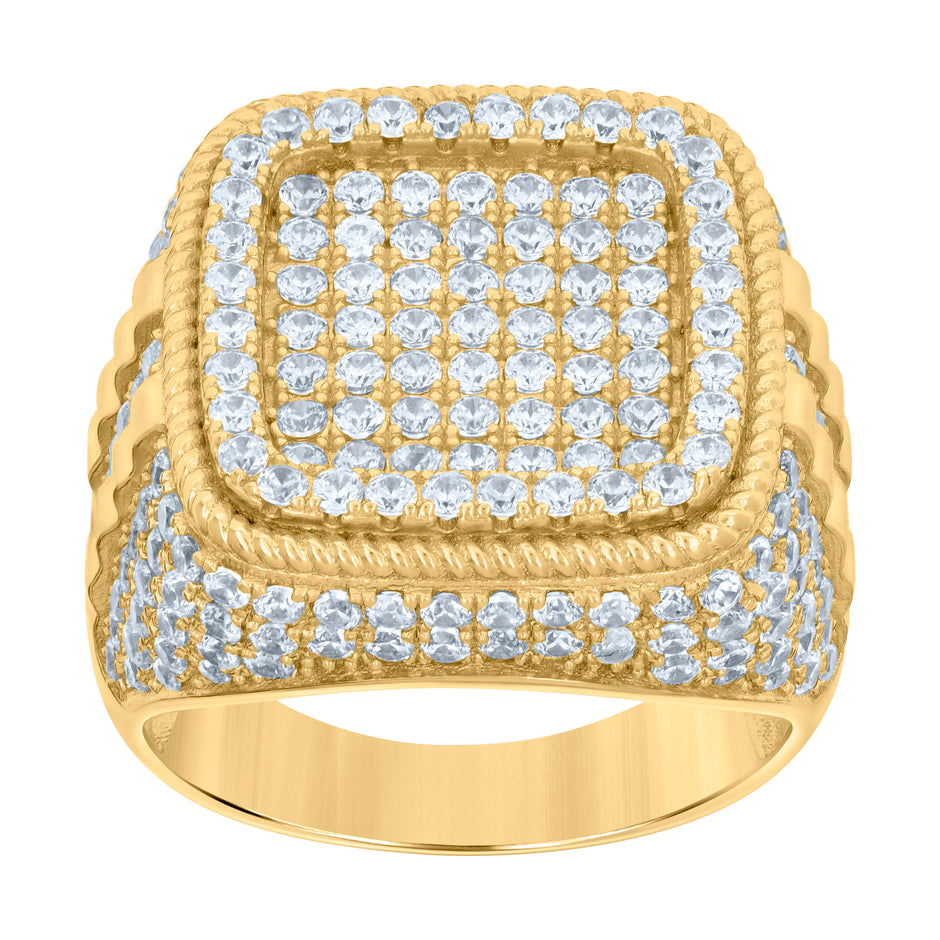 925 Sterling Silver Yellow-tone Mens Cubic-Zirconia Square Head Fashion Ring Size 9 - SLV-119097
