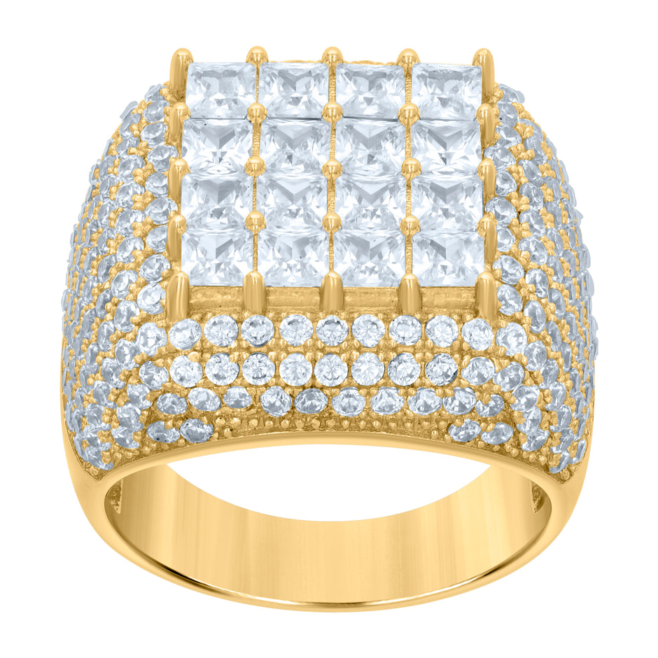 925 Sterling Silver Yellow-tone Mens Princess-cut Round Cubic-Zirconia Square Head Fashion Ring Size 12 - SLV-119124