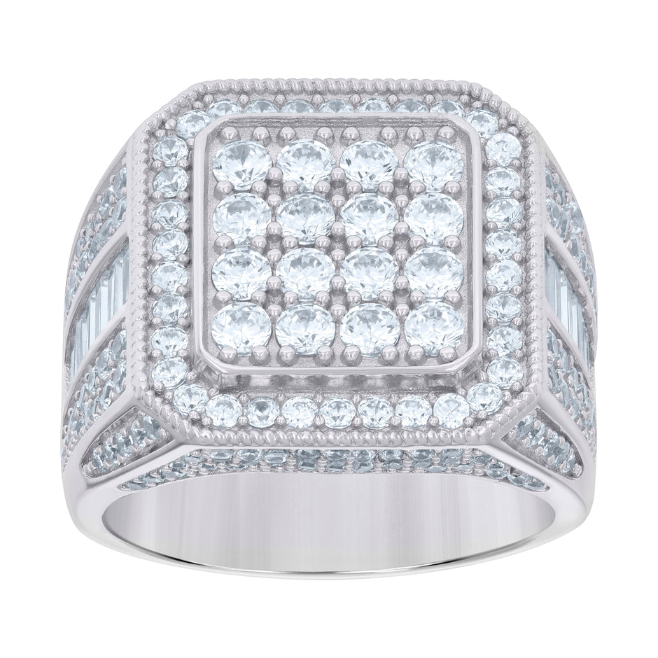 925 Sterling Silver Mens Baguette Round Cubic-Zirconia Square Head Fashion Ring Size 11 - SLV-119141