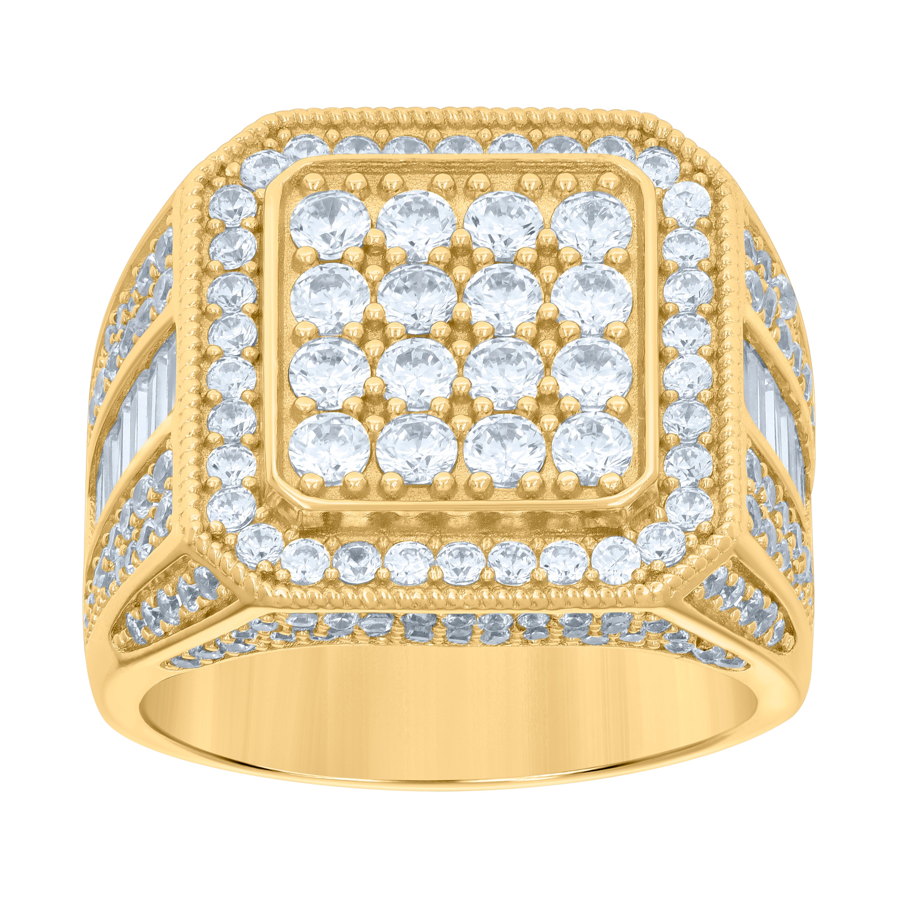 925 Sterling Silver Yellow-tone Mens Baguette Round Cubic-Zirconia Square Head Fashion Ring Size 9 - SLV-119145