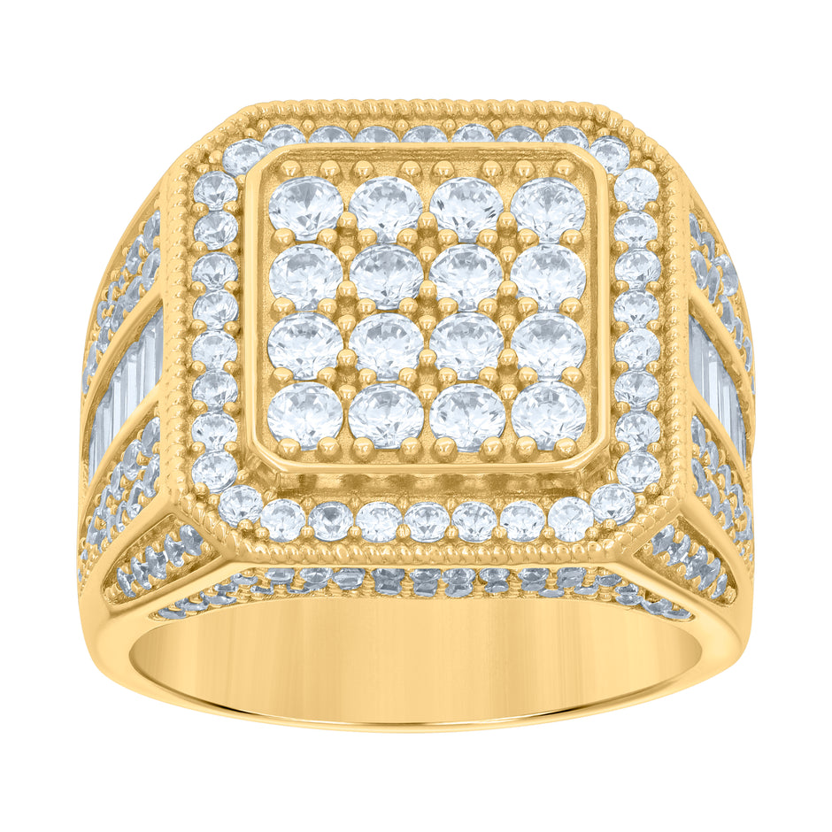 925 Sterling Silver Yellow-tone Mens Baguette Round Cubic-Zirconia Square Head Fashion Ring Size 9 - SLV-119145