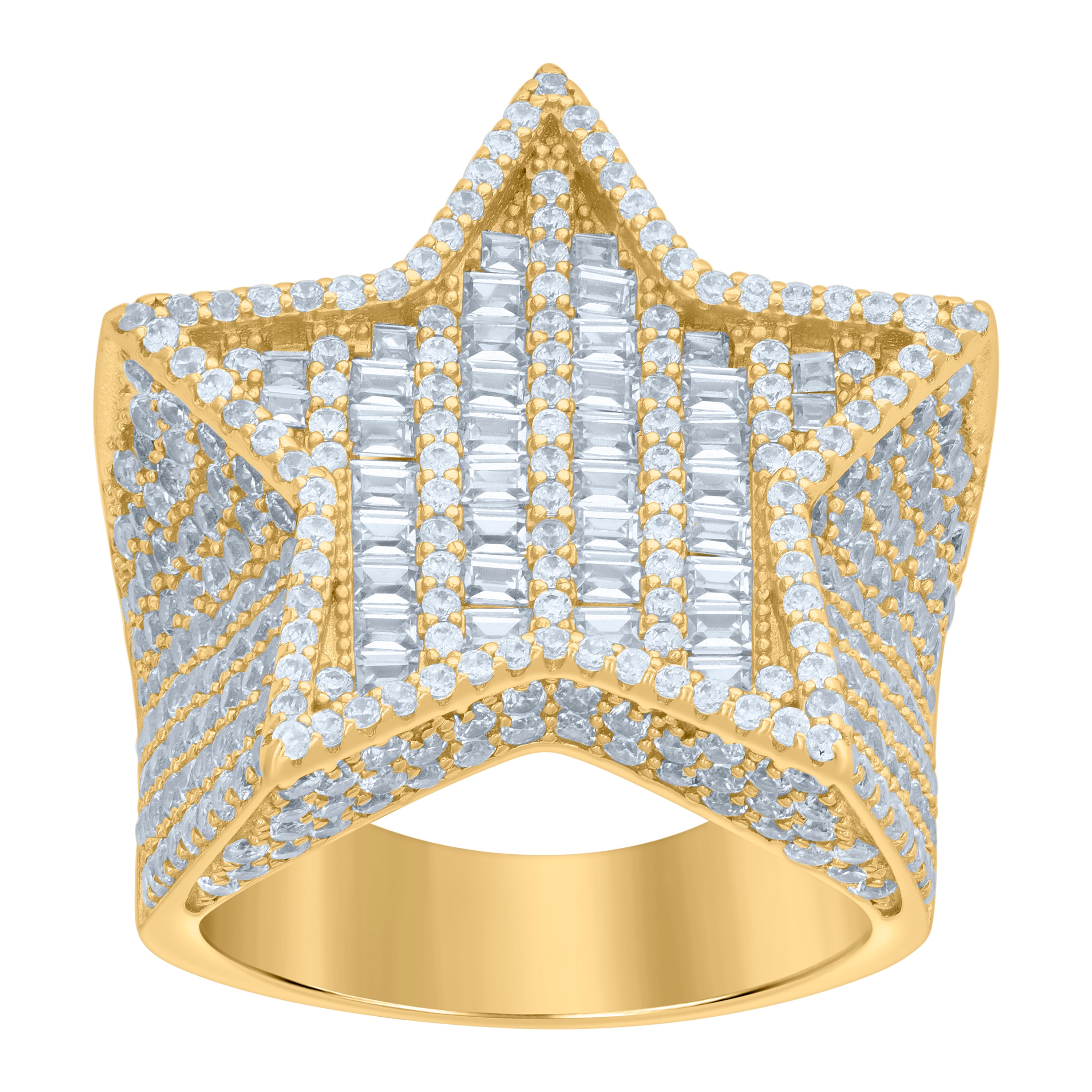 925 Sterling Silver Yellow-tone Mens Baguette Round Cubic-Zirconia Star Fashion Ring Size 12 - SLV-119224