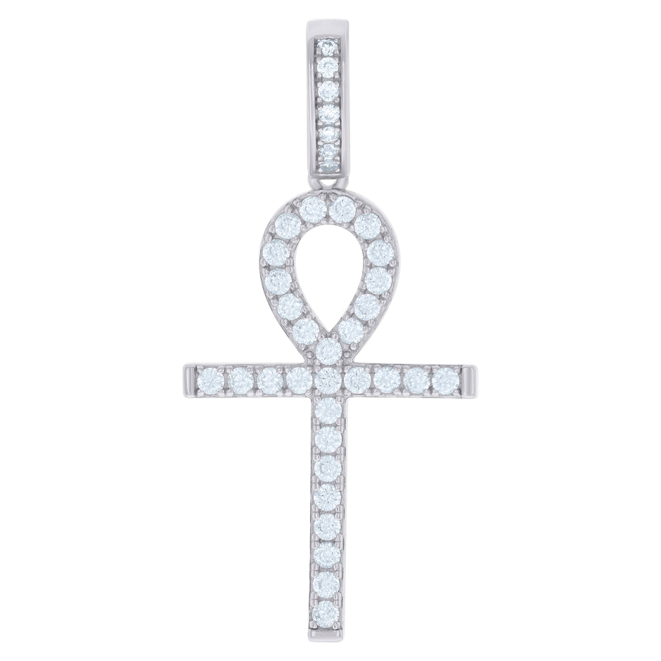 925 Sterling Silver Mens Round Cubic-Zirconia Egyptian Ankh Cross Religious Charm Pendant