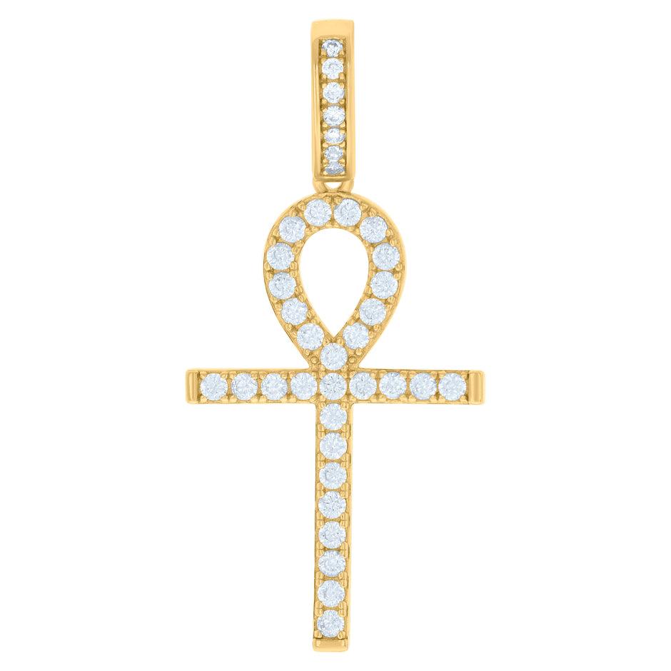 925 Sterling Silver Yellow-tone Mens Round Cubic-Zirconia Egyptian Ankh Cross Religious Charm Pendant